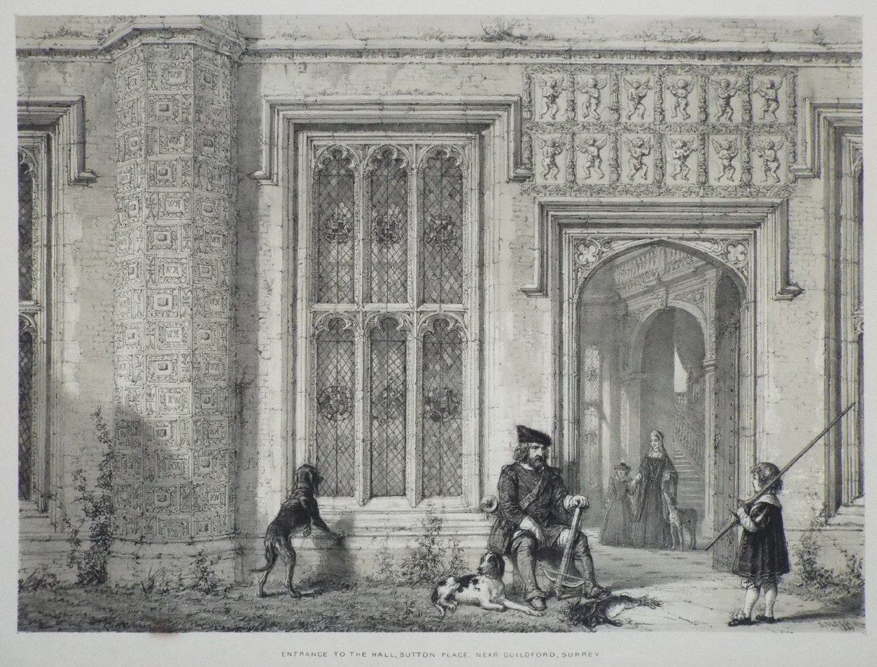 Lithograph - Entrance to the Hall, Sutton Place, near Guildford, Surrey - Nash